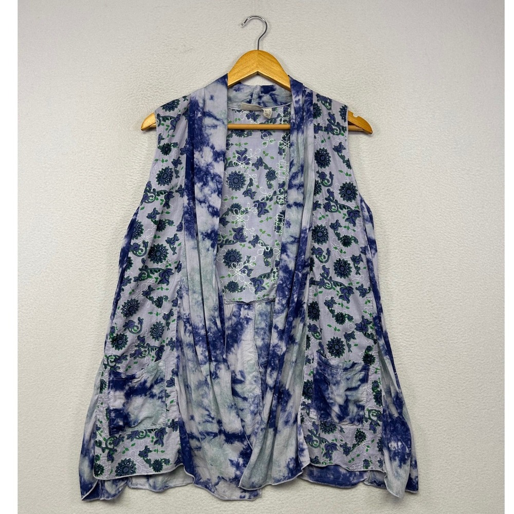 LOGO Lori Goldstein Boho Tie Dye Womens Small Blue Floral Eyelet Open Front Vest